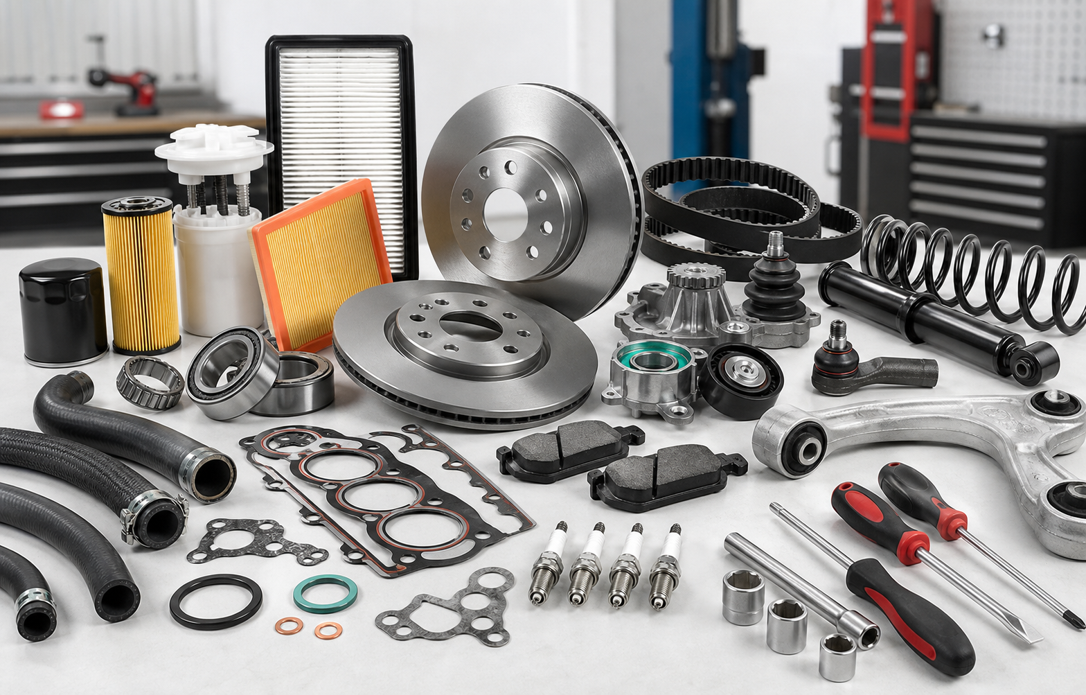 Automotive spare parts including brakes, filters, belts, bearings, and hoses