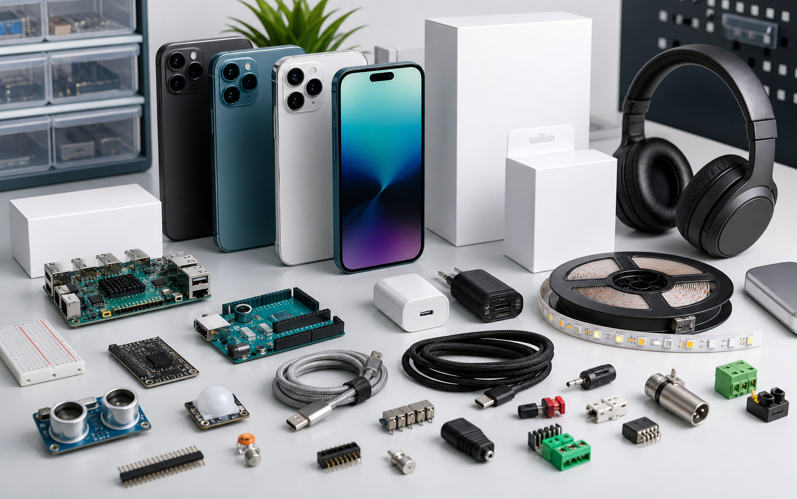 Electronics, circuit boards, cables, adapters, LED accessories, and connectors