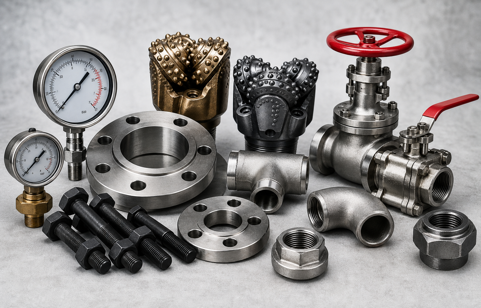 Oilfield gauges, flanges, drill bits, bolts, and industrial fittings